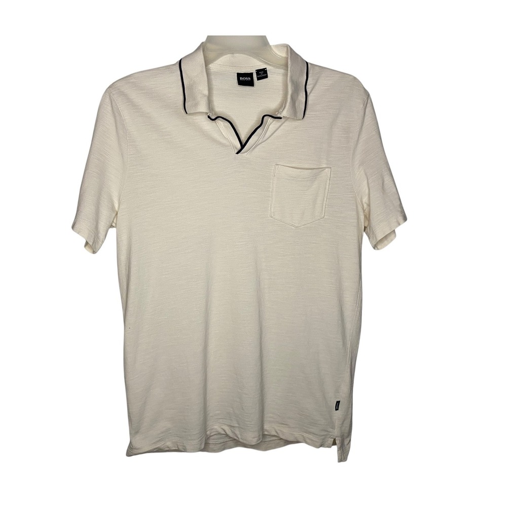 Hugo Boss Mens Off White Short Sleeve Polo Shirt Black Trim Slub Cotton Large